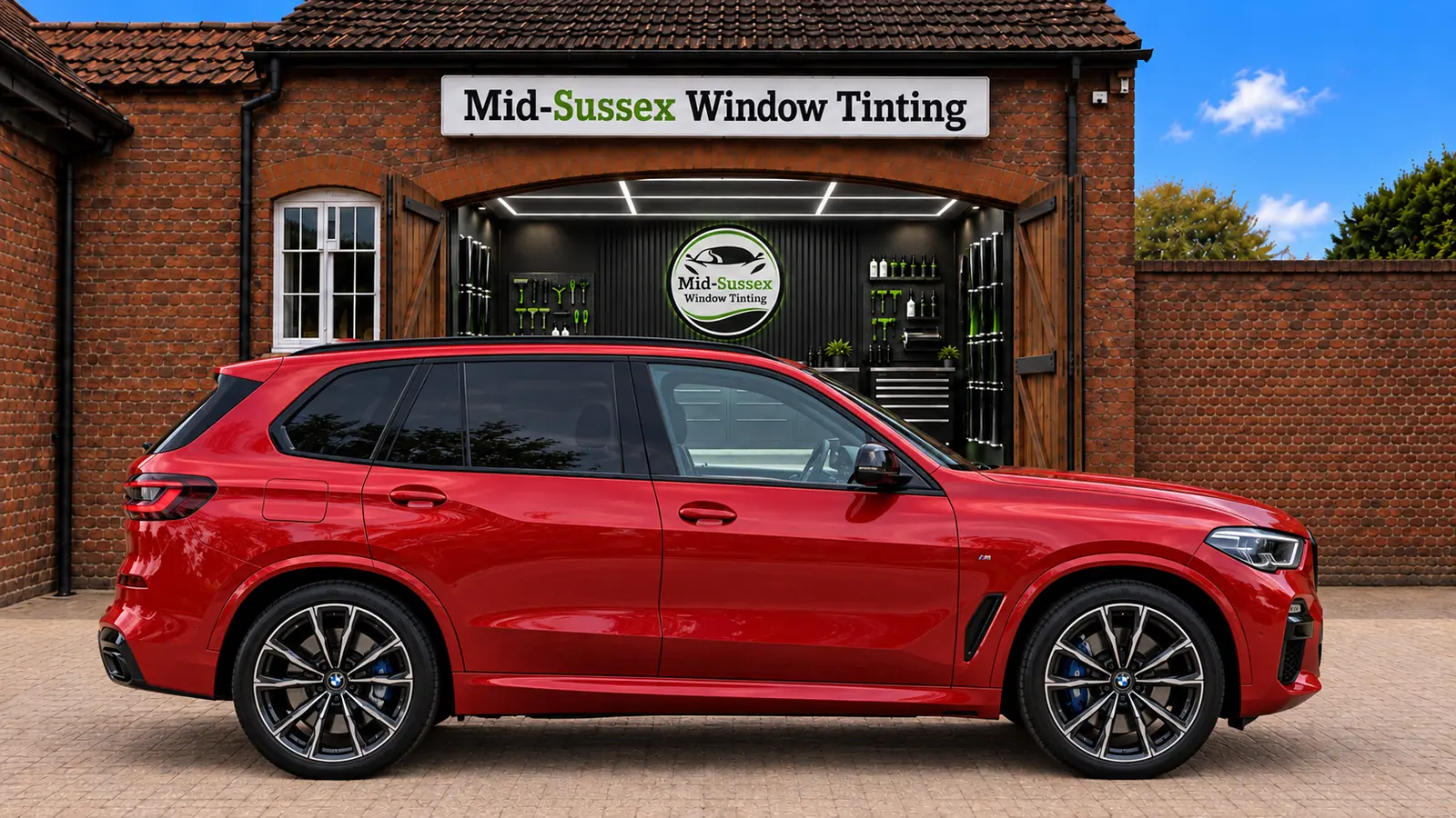 Red BMW X5 M Sport showing a 20 percent OEM-style rear window tint